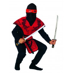 Smart rød ninja fighter sæt med stofbrynje, hætte, maske og pandebånd.
