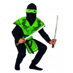 RIO Green Ninja Fighter kostume str. 140 cm med stofbrynje, bluse, bukser, hætte og maske.
