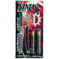 Ninjasæt med 6 dele med sværd og ninjaudstyr til udklædning og rolleleg.