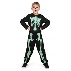 Lys i mørke skelet kostume i str. 140 cm – uhyggelig skeletudklædning med glow-in-the-dark-effekt.