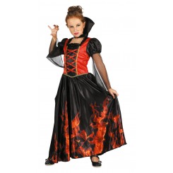 Flamme-vampyrinde kostume str. 140 cm med kjole og stor krave til Halloween og udklædning