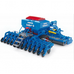 Bruder 02026 LEMKEN Solitair 9 såmaskine i blå og rød, udført i skala 1:16 med realistiske funktioner.