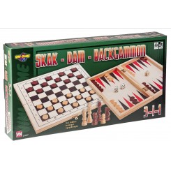 VINI 3-i-1 Skak, Dam & Backgammon i Træ | Spilsæt | Bakkeleg
