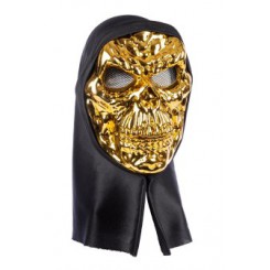 Guldfarvet skeletmaske med hætte til Halloween, fastelavn og uhyggelig udklædning.