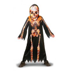 Ild-skeletdæmon kostume str. 160 cm med stor hovedmaske og hætte til Halloween.