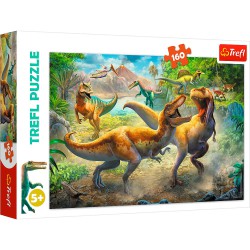 Trefl Fighting Tyrannosaurs puslespil med 160 brikker og actionfyldt motiv af kæmpende dinosaurer.