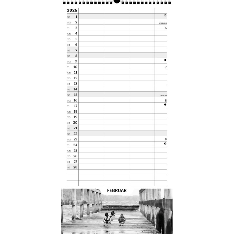 Sort/hvid familiekalender 2026