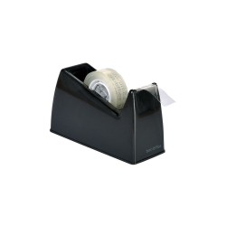 Sort tapeholder i bordmodel til taperuller op til 33 meter, fremstillet i solid plast og metal.