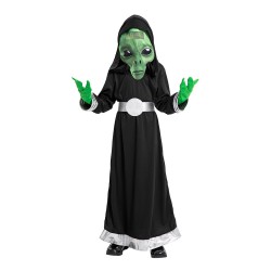 Alien heldragt str. 120 cm med stor hovedmaske, bælte og handsker til udklædning.