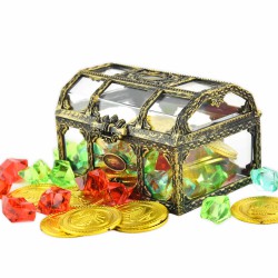 Lille skatkiste med glitrende diamanter og skinnende mønter.