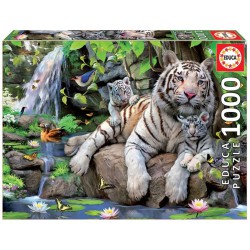 1000 brikkers puslespil med hvide tigre i smuk natur.