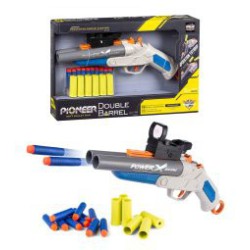 Pioneer dobbeltløbet softbullet-gevær 37 cm med kikkertsigte, patronhylstre og 10 skumpile
