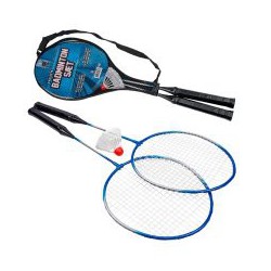 Badmintonsæt. 2 ketsjere i hærdet stål med 1 bold. I praktisk bæretaske.