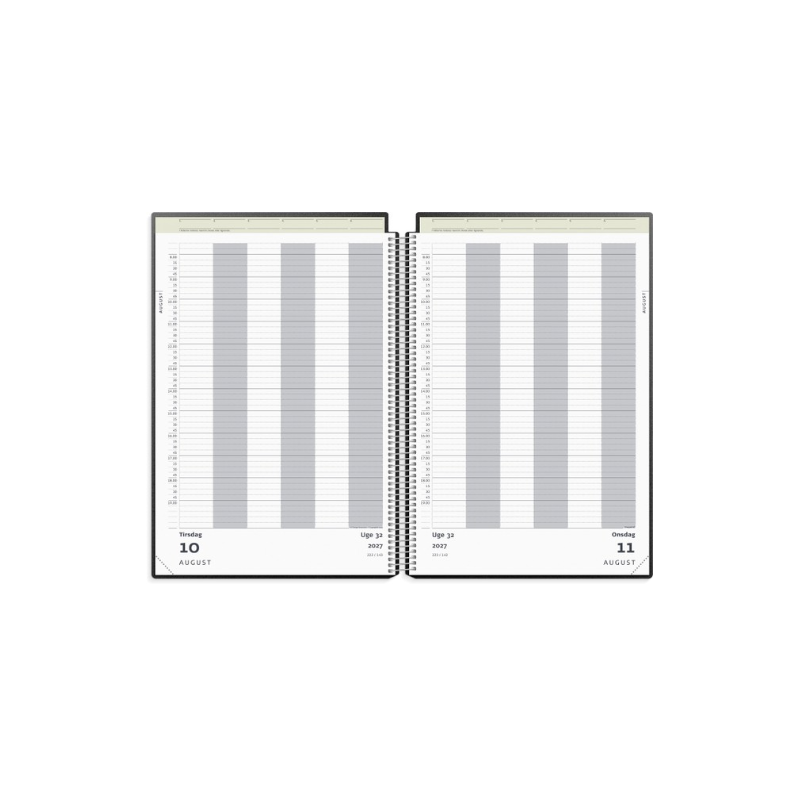 A4 aftalekalender 2027 med dagligt layout og sort omslag i PP-plast.