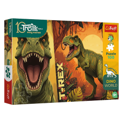Trefl Inspired By Dino World T-Rex puslespil med 100 brikker og farverigt dinosaurmotiv.