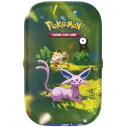 Pokémon Mega Evolution 30th Celebration Mini Tin med Espeon og Meowth – Pokémon TCG samlerdåse med boosterpakker.