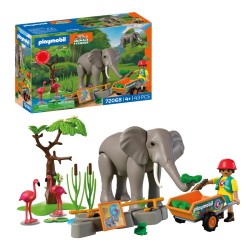 PLAYMOBIL Elephant with Zookeeper med elefant, dyrepasser og tilbehør samt bevægelig snabel, der kan gribe fat i mad.