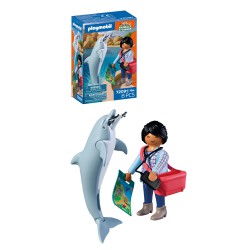 PLAYMOBIL Zoo Dolphin and Visitor med legesyg delfin med bevægelig finne samt besøgende og tilbehør til fantasifuld zoo-leg.