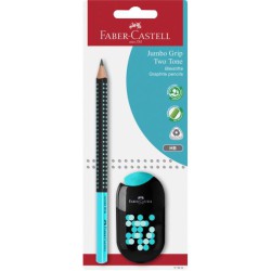 Faber-Castell Jumbo Grip Two Tone HB grafitblyant i sort og turkis med dobbelt blyantspidser og ergonomisk Soft-Grip-zone.