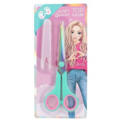 TOPModel saks med mintgrønt håndtag, pink softgrip, regnbuefarvede sakseblade og gennemsigtig sikkerhedshætte.